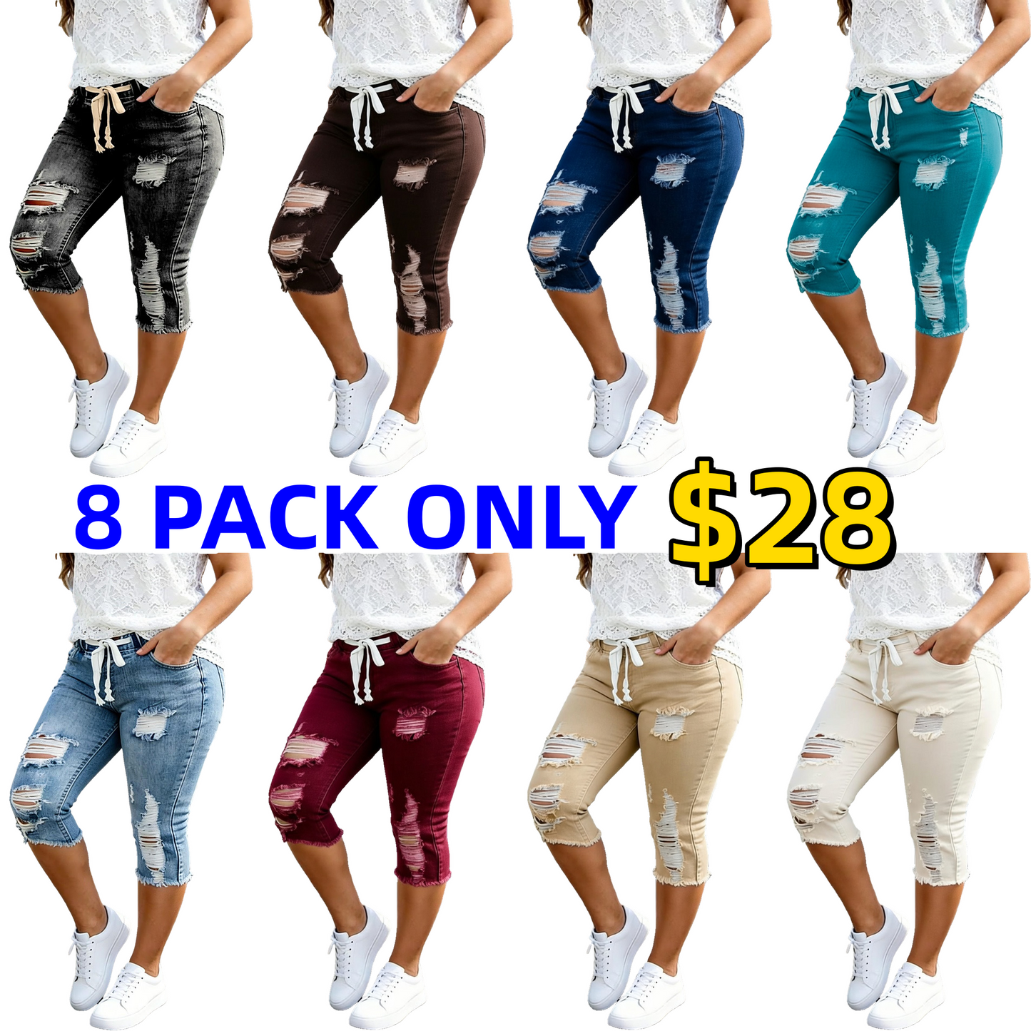 Stylish Distressed & Ripped Capri Jeans — Plus-Size Women's Casual High-Waisted Drawstring Denim Shorts