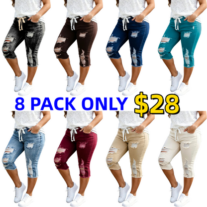 Stylish Distressed & Ripped Capri Jeans — Plus-Size Women's Casual High-Waisted Drawstring Denim Shorts
