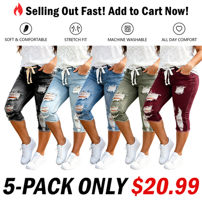 👖 Plus Size Ripped Capri Jeans – Comfy Stretch Denim Pants with Drawstring Waist