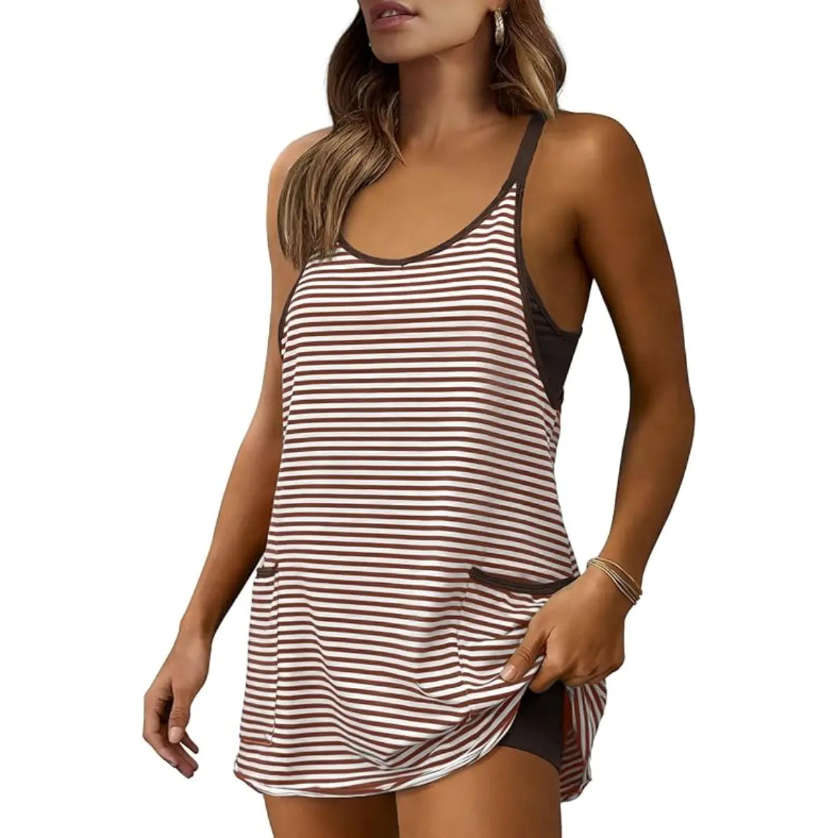 Women's Summer Athletic Mini Dress Sleeveless V Neck Built-in Shorts