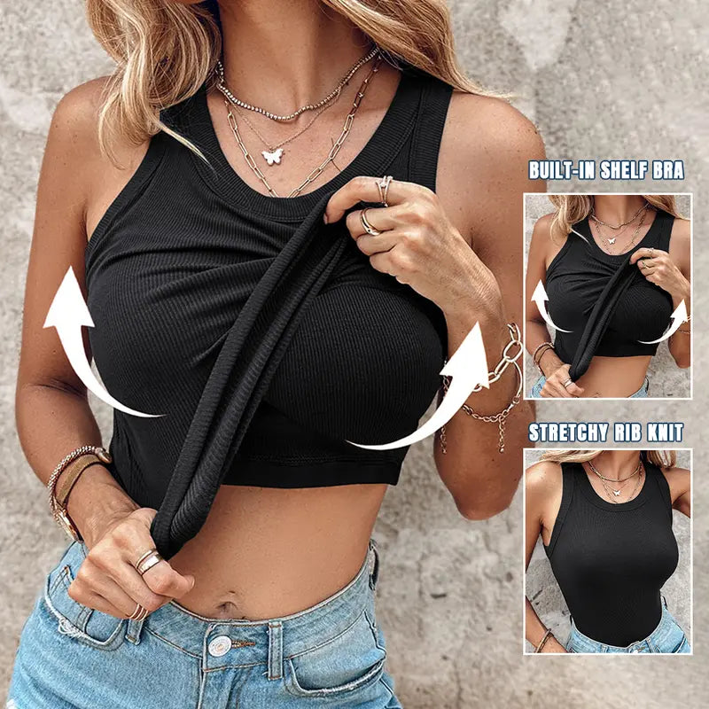 🔥This Week's Special Price🍃Round Neck Built-in Bra Ribbed Tank Top Fit Casual Comfortable💥