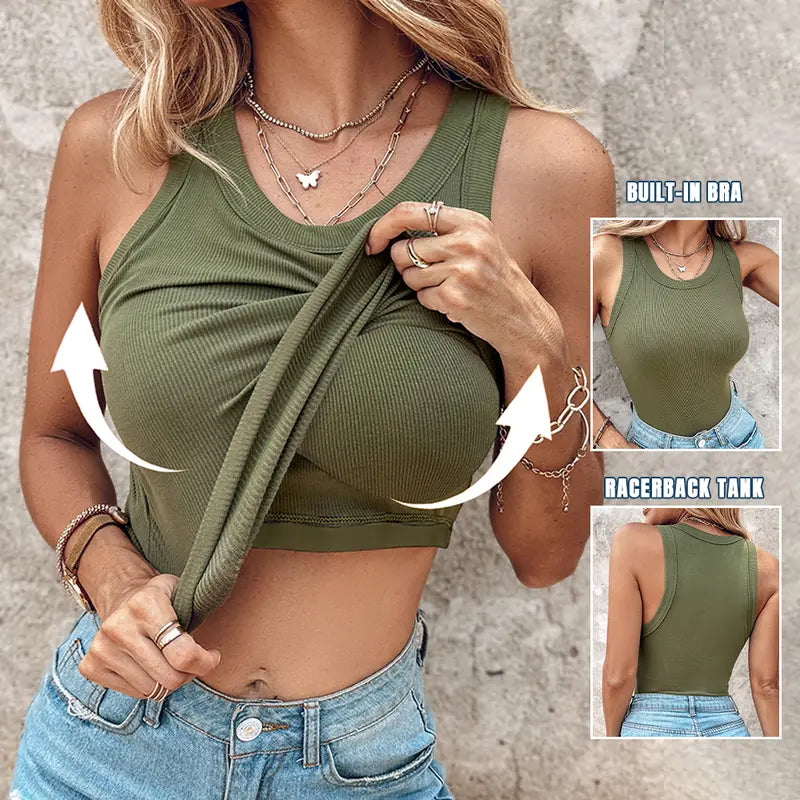🔥This Week's Special Price🍃Round Neck Built-in Bra Ribbed Tank Top Fit Casual Comfortable💥
