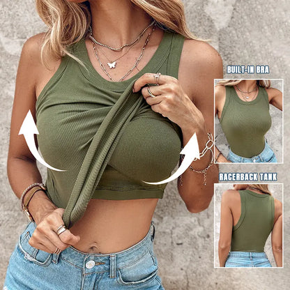 🔥This Week's Special Price🍃Round Neck Built-in Bra Ribbed Tank Top Fit Casual Comfortable💥