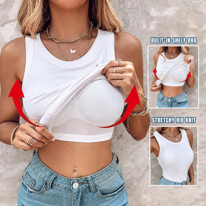 🔥This Week's Special Price🍃Round Neck Built-in Bra Ribbed Tank Top Fit Casual Comfortable💥