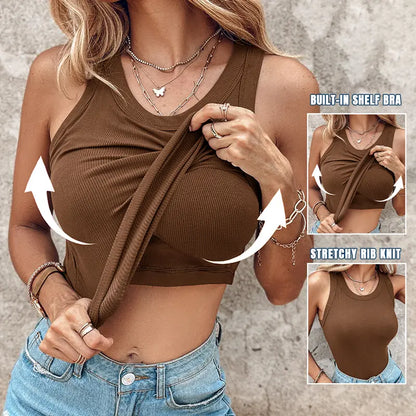 🔥This Week's Special Price🍃Round Neck Built-in Bra Ribbed Tank Top Fit Casual Comfortable💥
