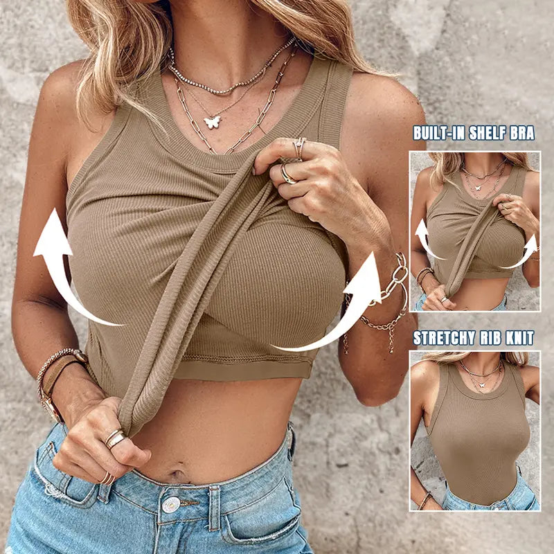 🔥This Week's Special Price🍃Round Neck Built-in Bra Ribbed Tank Top Fit Casual Comfortable💥