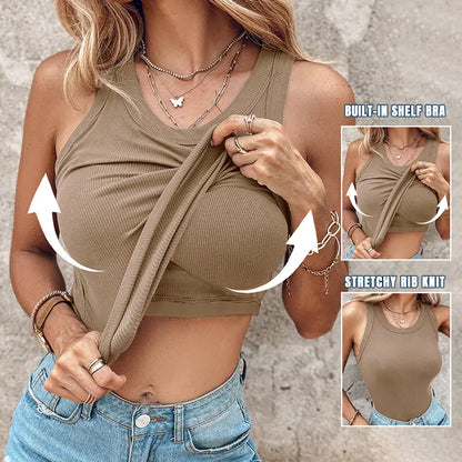 🔥This Week's Special Price🍃Round Neck Built-in Bra Ribbed Tank Top Fit Casual Comfortable💥