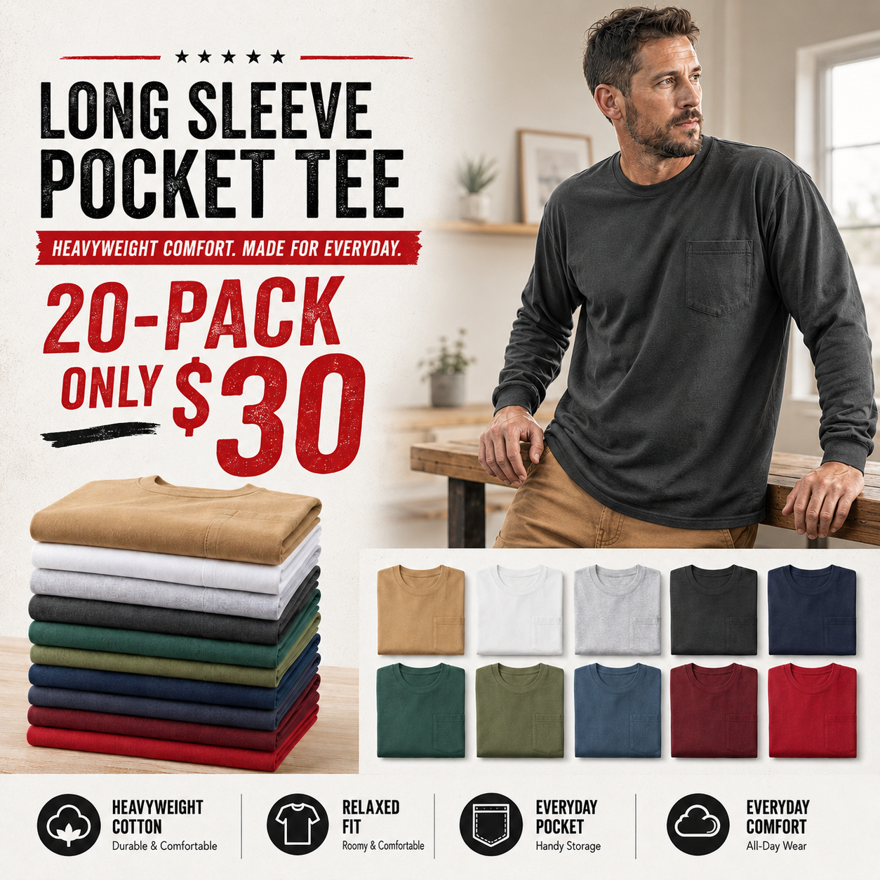 🔥Men's Heavyweight Cotton Pocket T-Shirt – Relaxed Fit Everyday Casual Tee | Big & Tall Available