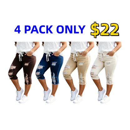 Stylish Distressed & Ripped Capri Jeans — Plus-Size Women's Casual High-Waisted Drawstring Denim Shorts