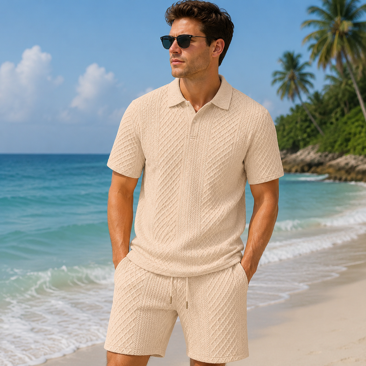 Men's Textured Polo Set Summer Casual Outfit
