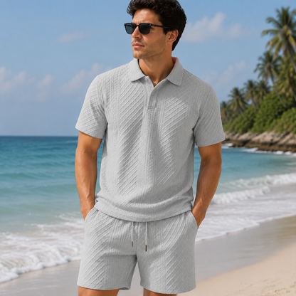 Men's Textured Polo Set Summer Casual Outfit