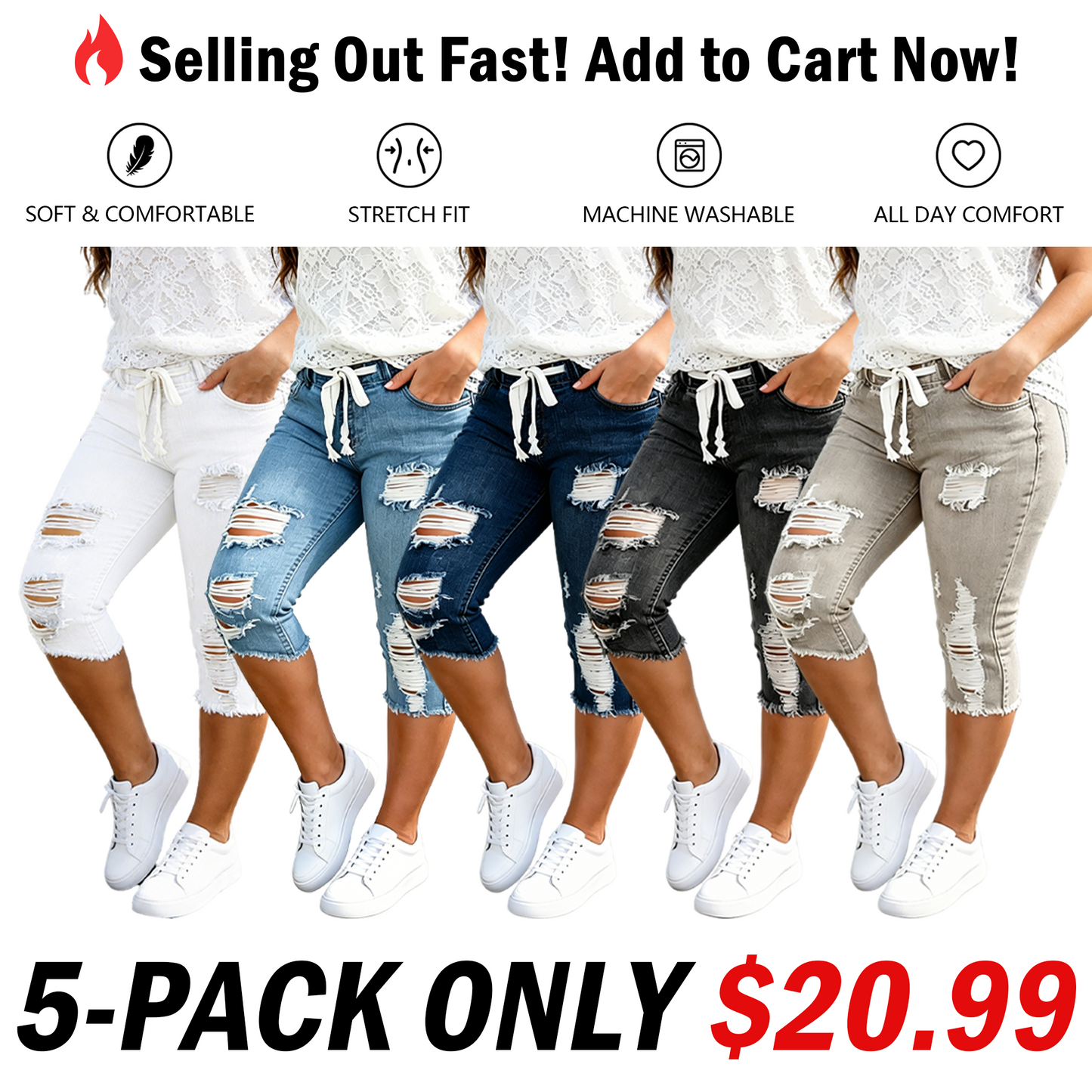👖 Plus Size Ripped Capri Jeans – Comfy Stretch Denim Pants with Drawstring Waist