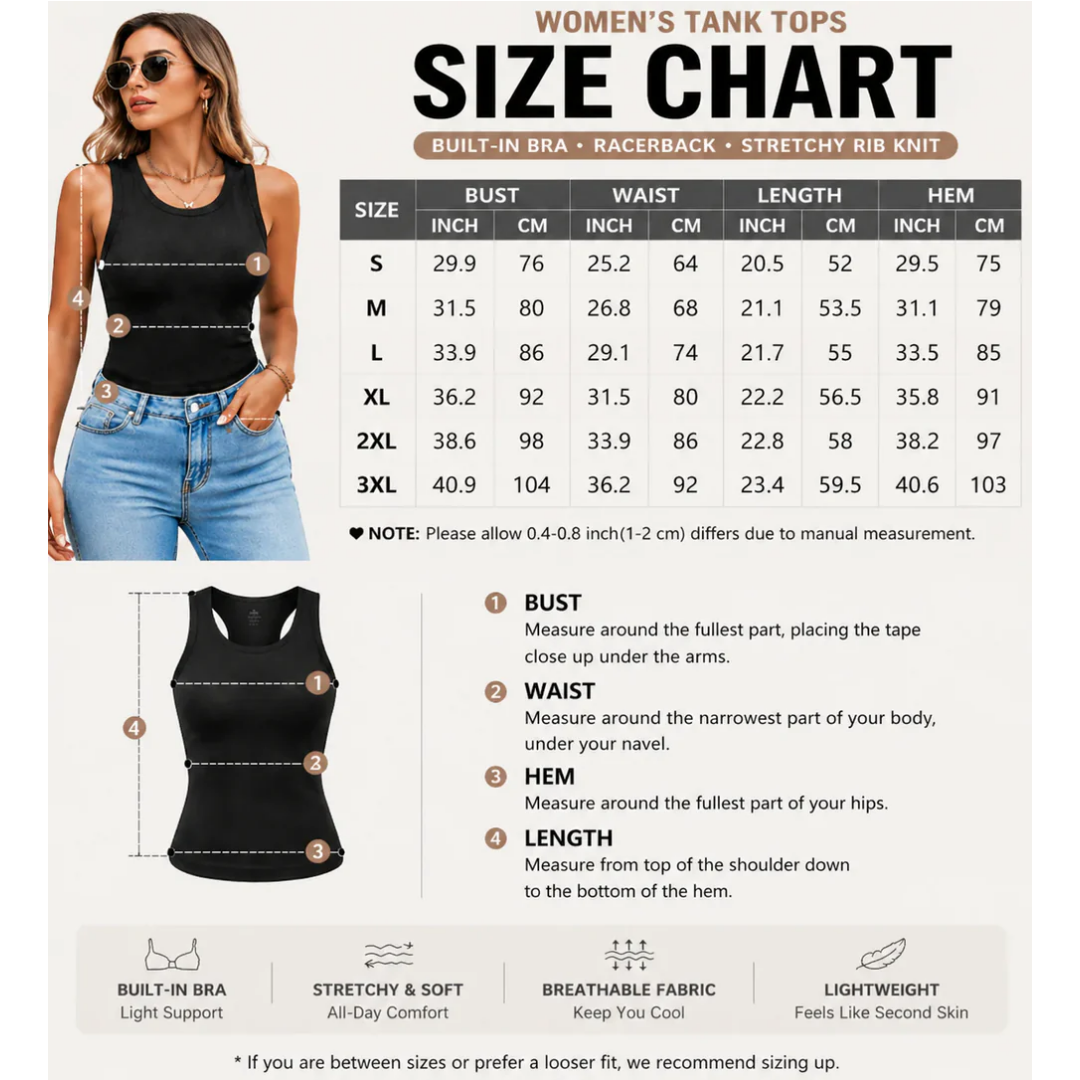 🔥This Week's Special Price🍃Round Neck Built-in Bra Ribbed Tank Top Fit Casual Comfortable💥