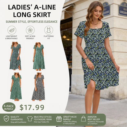 Women Square Neck Ditsy Floral Dress, Ruffle Empire Waist A-Line Sundress With Pockets
